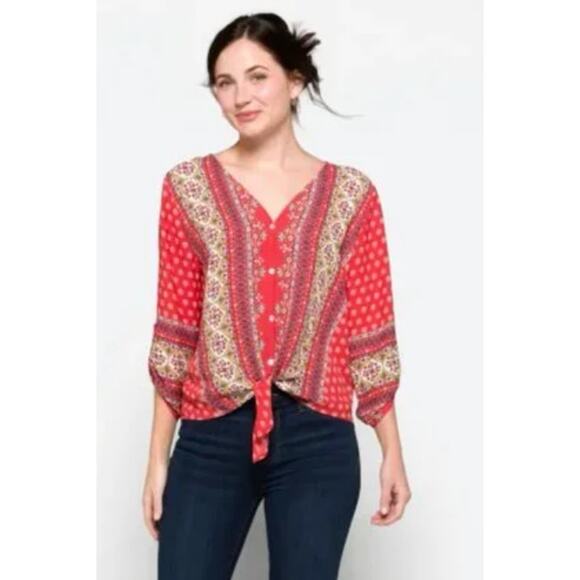 West Kei Top Women LARGE Talina Rust Red Printed V-Neck Tie Front Blouse - Picture 3 of 10